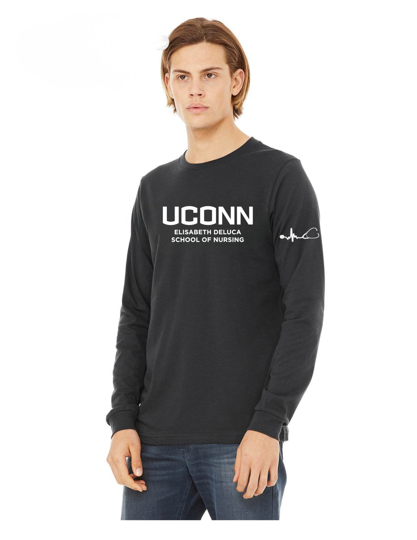 Bella Unisex Tee w/ UCONN E. DELUCA SON logo, Short or Long Sleeve Options (Optional)