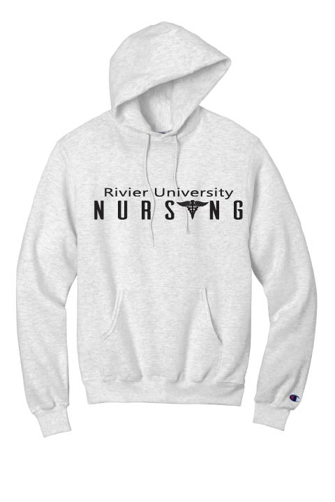 Champion Power Blend Crewneck Or Hoodie w/ Rivier Nursing logo