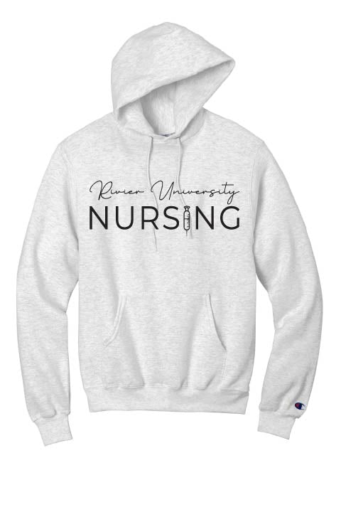 Champion Power Blend Crewneck Or Hoodie w/ Rivier Nursing logo