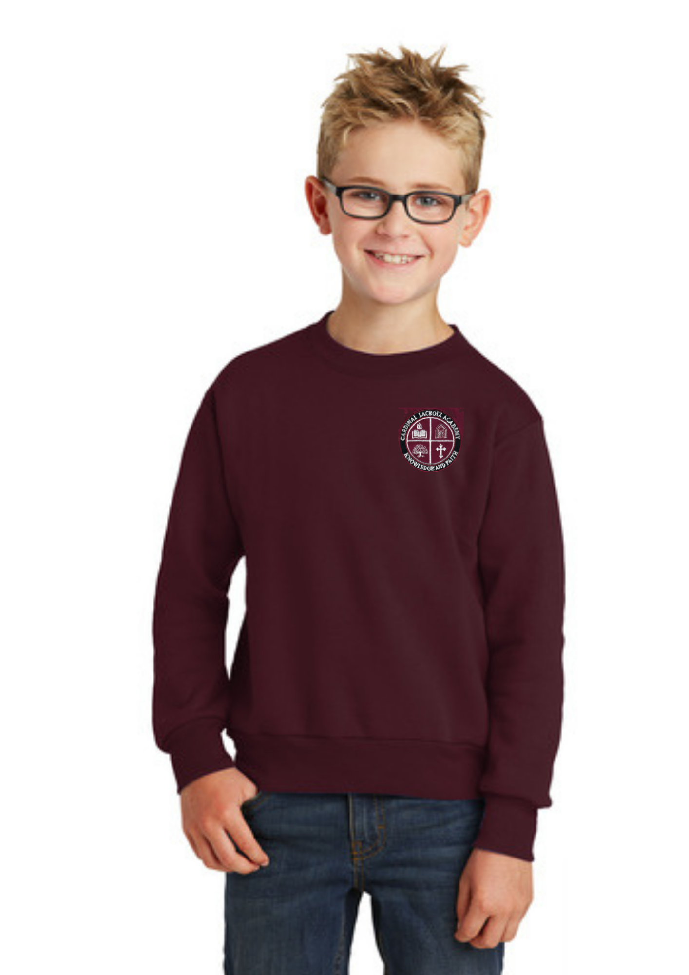 Burgundy Crew Neck Sweatshirt with Cardinal LaCroix Embroidery