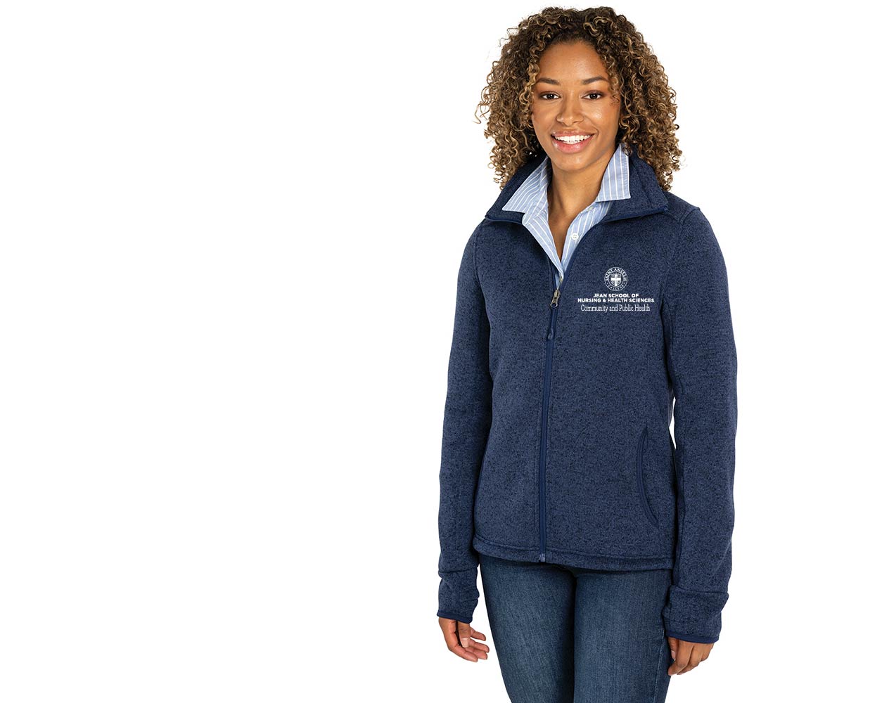 Women's Heathered Sweater Fleece Jacket w/ choice of Saint Anselm logo