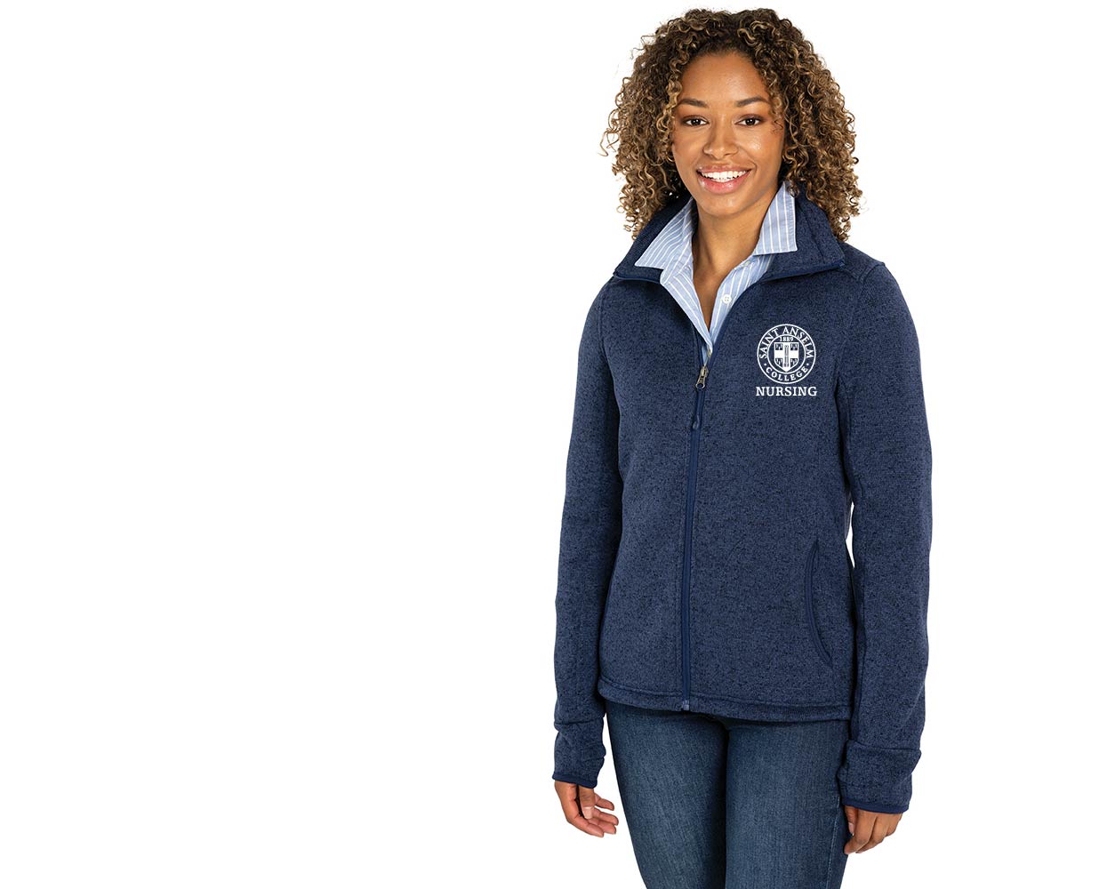 Women's Heathered Sweater Fleece Jacket w/ choice of Saint Anselm logo