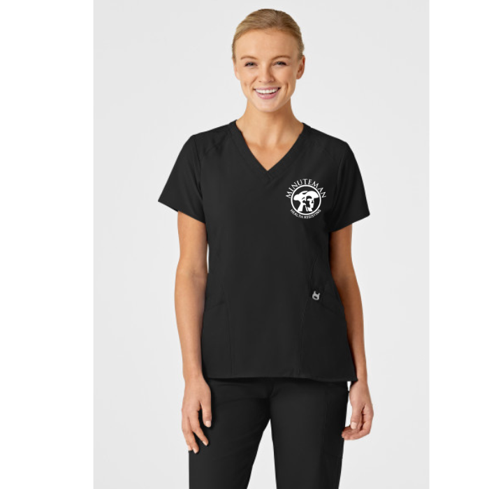 Minuteman Women's V Neck Shirt in Black w/ Health Assisting logo