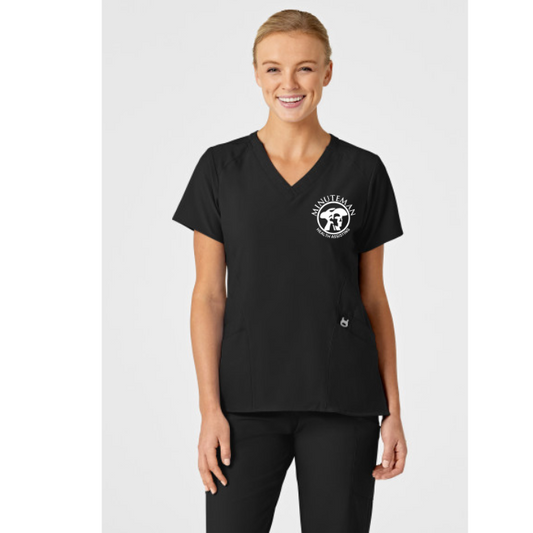 Minuteman Women's V Neck Shirt in Black w/ Health Assisting logo