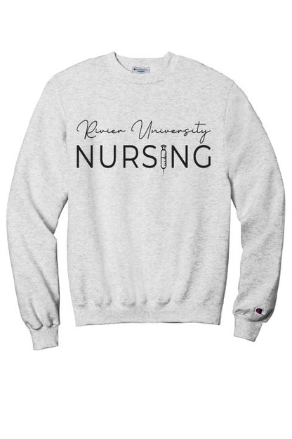 Champion Power Blend Crewneck Or Hoodie w/ Rivier Nursing logo