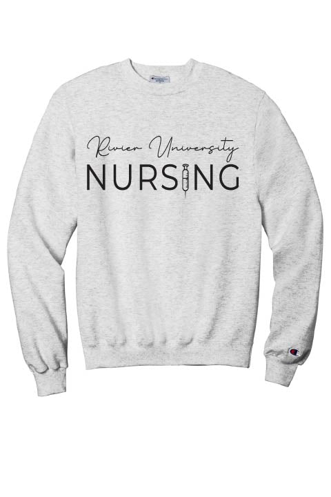 Champion Power Blend Crewneck Or Hoodie w/ Rivier Nursing logo