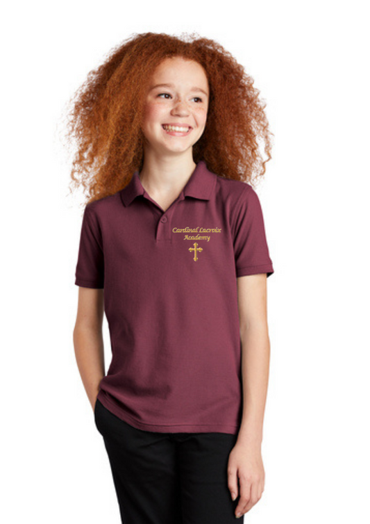 Youth Polo in White and Burgundy with Cardinal LaCroix Embroidery