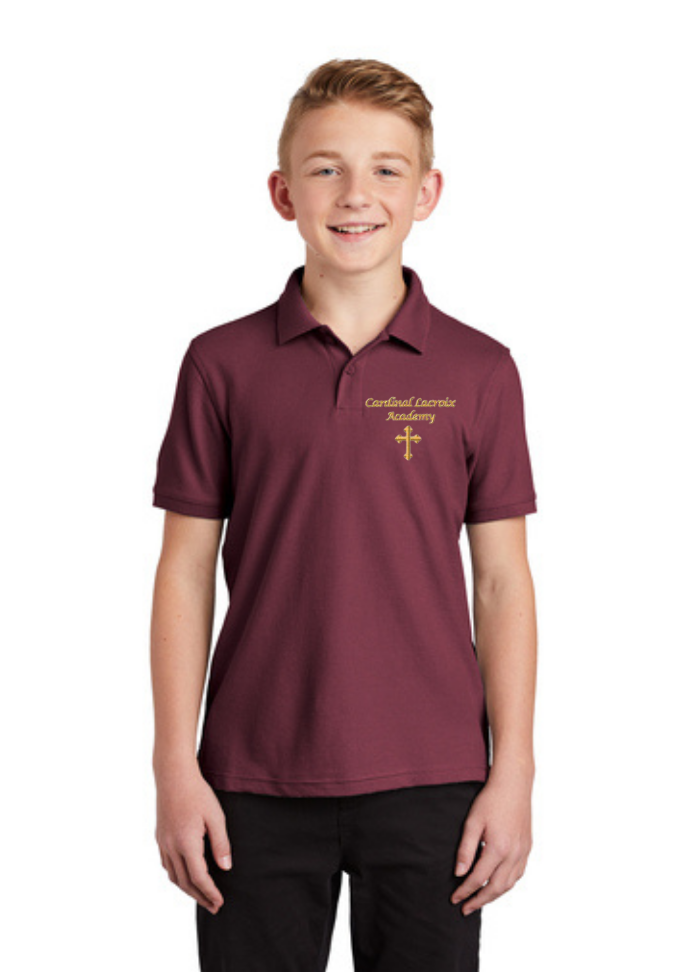 Youth Polo in White and Burgundy with Cardinal LaCroix Embroidery
